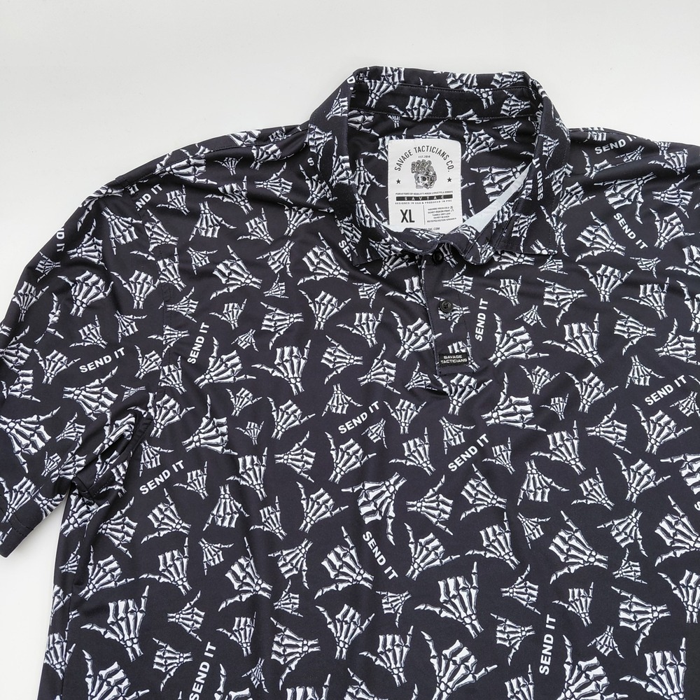 Savage Tacticians Polo Shirt Mens XL Black Skeleton Hand Print Send It Golf AOP